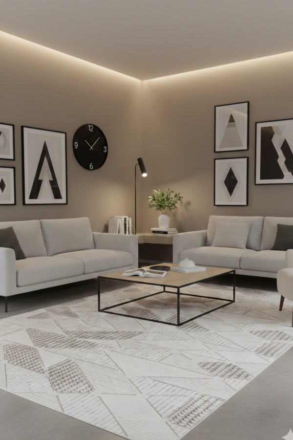 Bej Mutfak Halısı Kullanımına Uygun Geometrik Desenli Kaymaz Tabanlı Yolluk Rulo