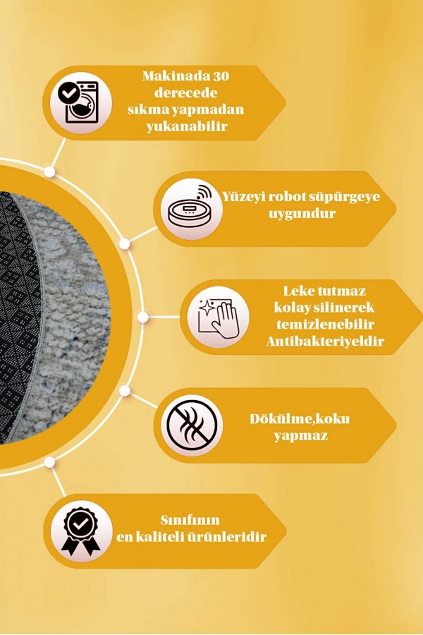Krem Kaymaz Tabanlı Kabartmalı Yuvarlak Halı VZ8009Y