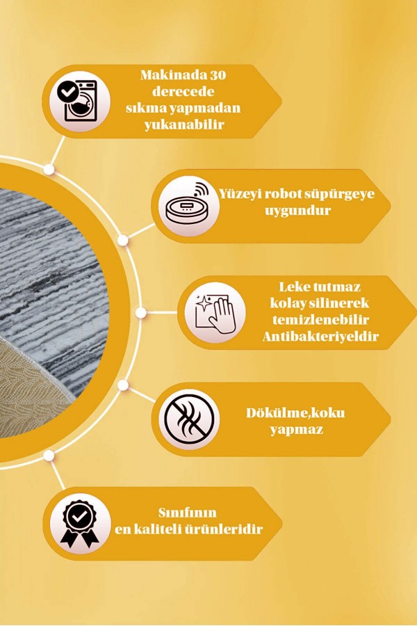 Antrasit Kaymaz Tabanlı Kabartmalı Yuvarlak Halı YM9020Y