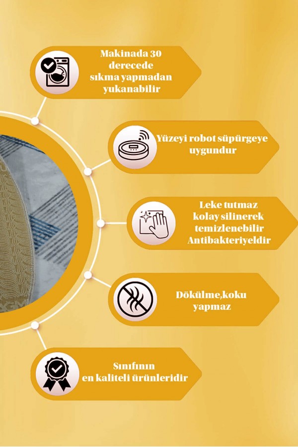 Mavi Kaymaz Tabanlı Kabartmalı Yuvarlak Halı YM9022Y
