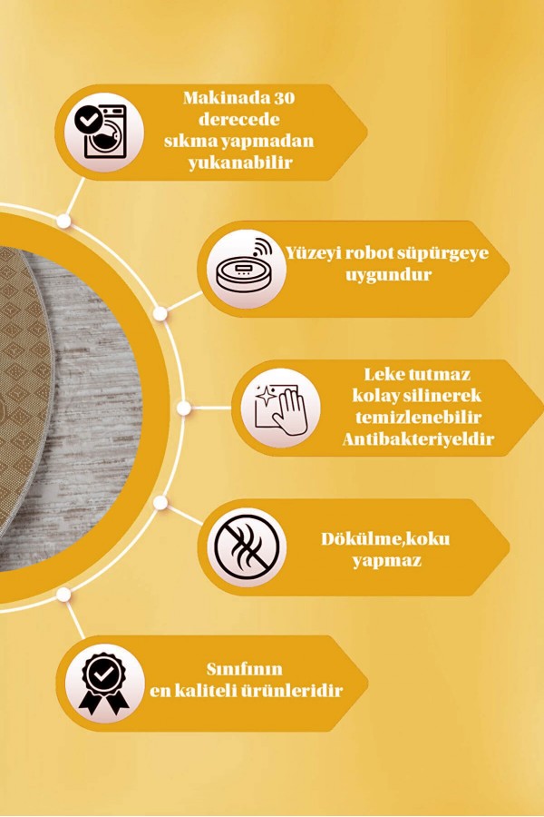 Vizon Kaymaz Tabanlı Kabartmalı Yuvarlak Halı YM9914Y