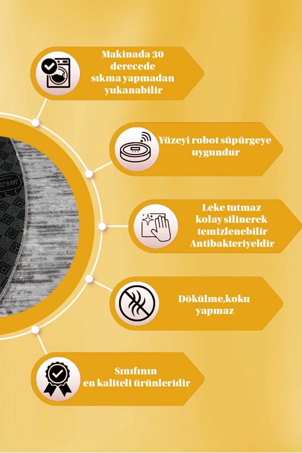 Gri Kaymaz Tabanlı Kabartmalı Yuvarlak Halı YM9915Y