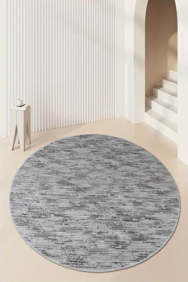 Gri Kaymaz Tabanlı Kabartmalı Yuvarlak Halı YM9915Y