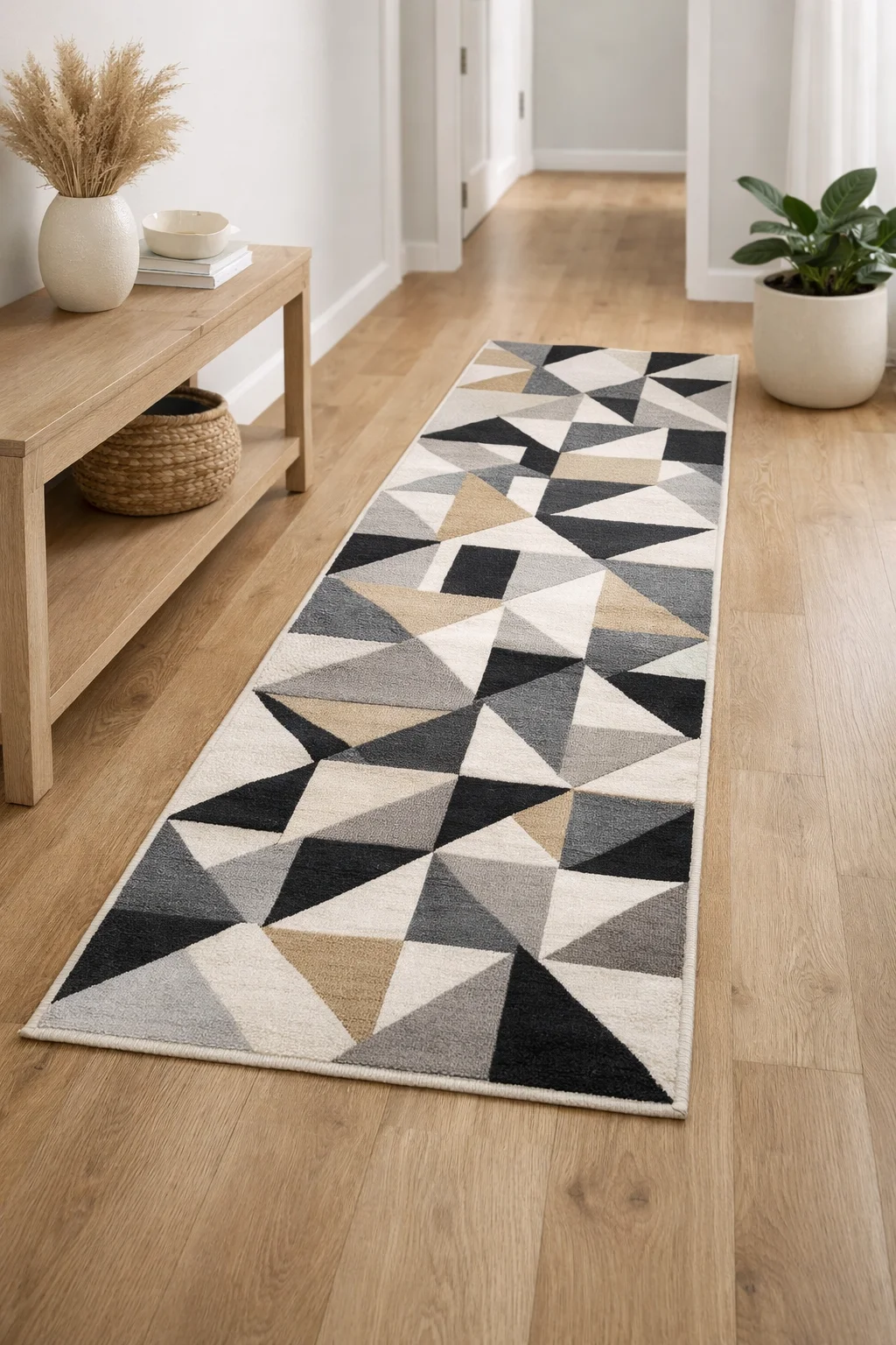 Geometrik desenli yolluk ile modern koridor dekorasyonu