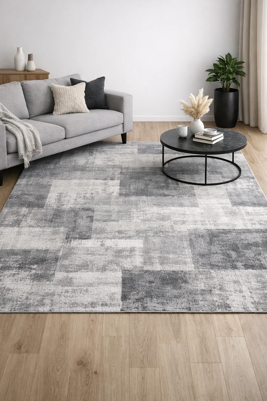 gri tonlu halı modelleri ile modern salon dekorasyonu