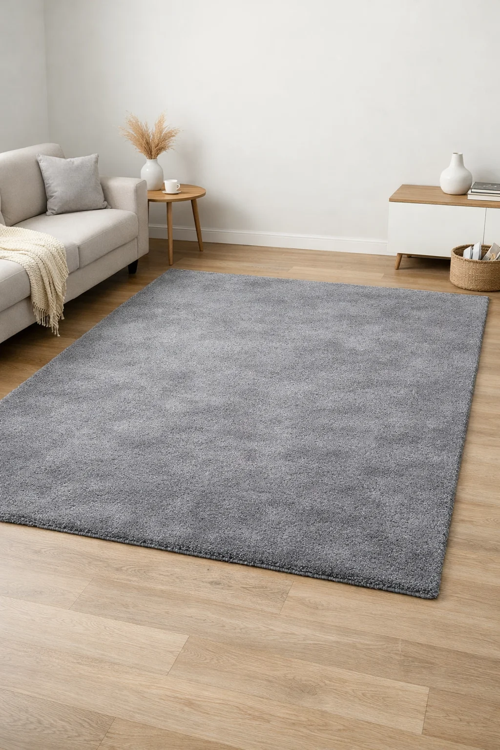 Gri kesme halı ile modern yaşam alanı