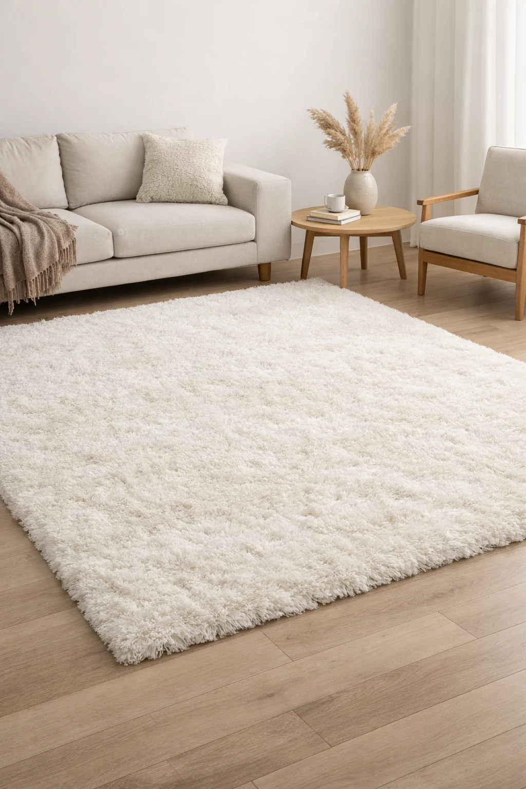 Geniş salonda büyük peluş halı kullanımı