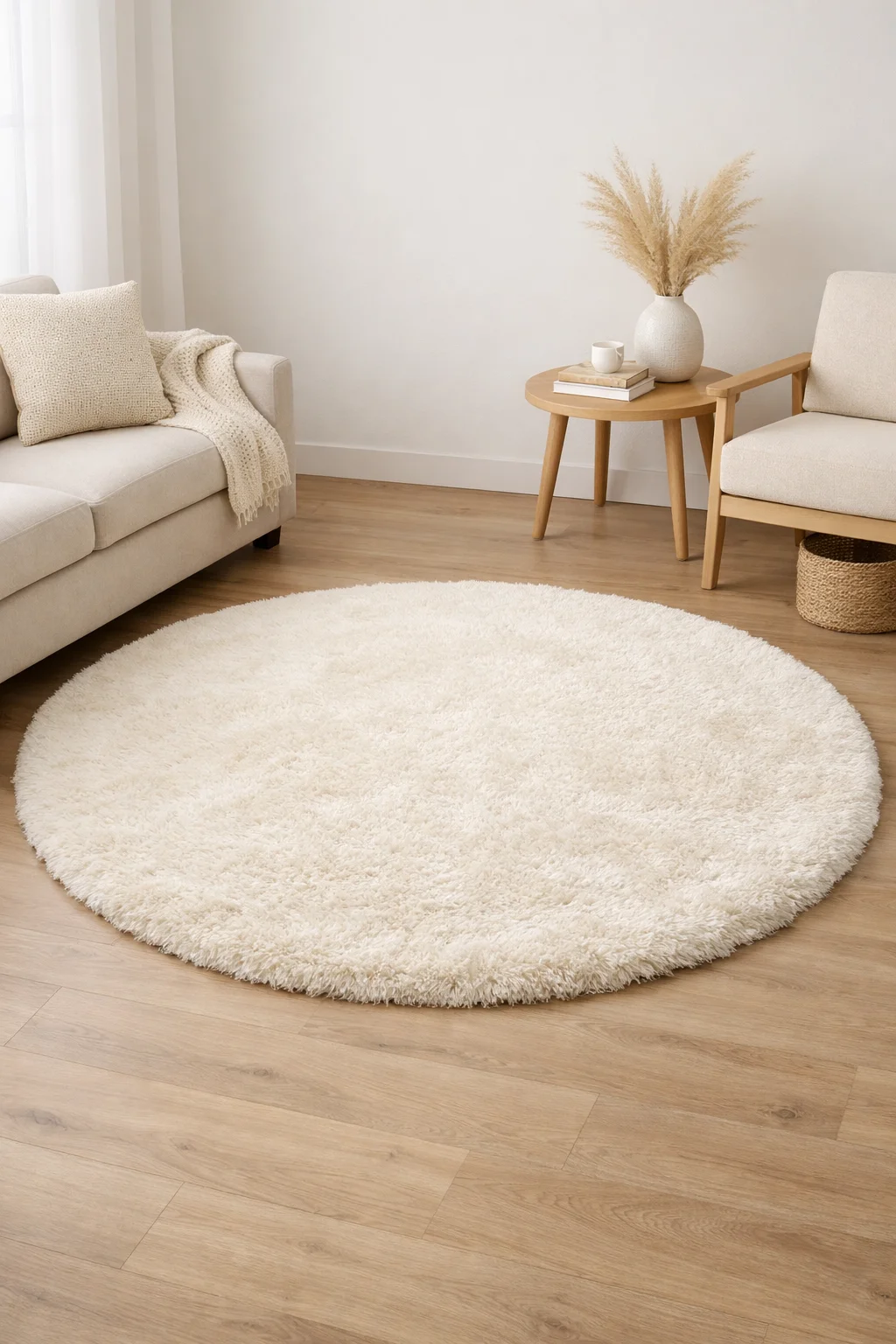 Yuvarlak peluş halı ile yumuşak oda dekorasyonu