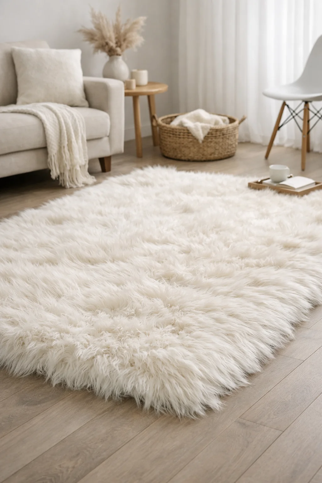 Uzun tüylü peluş halı ile sıcak salon dekorasyonu