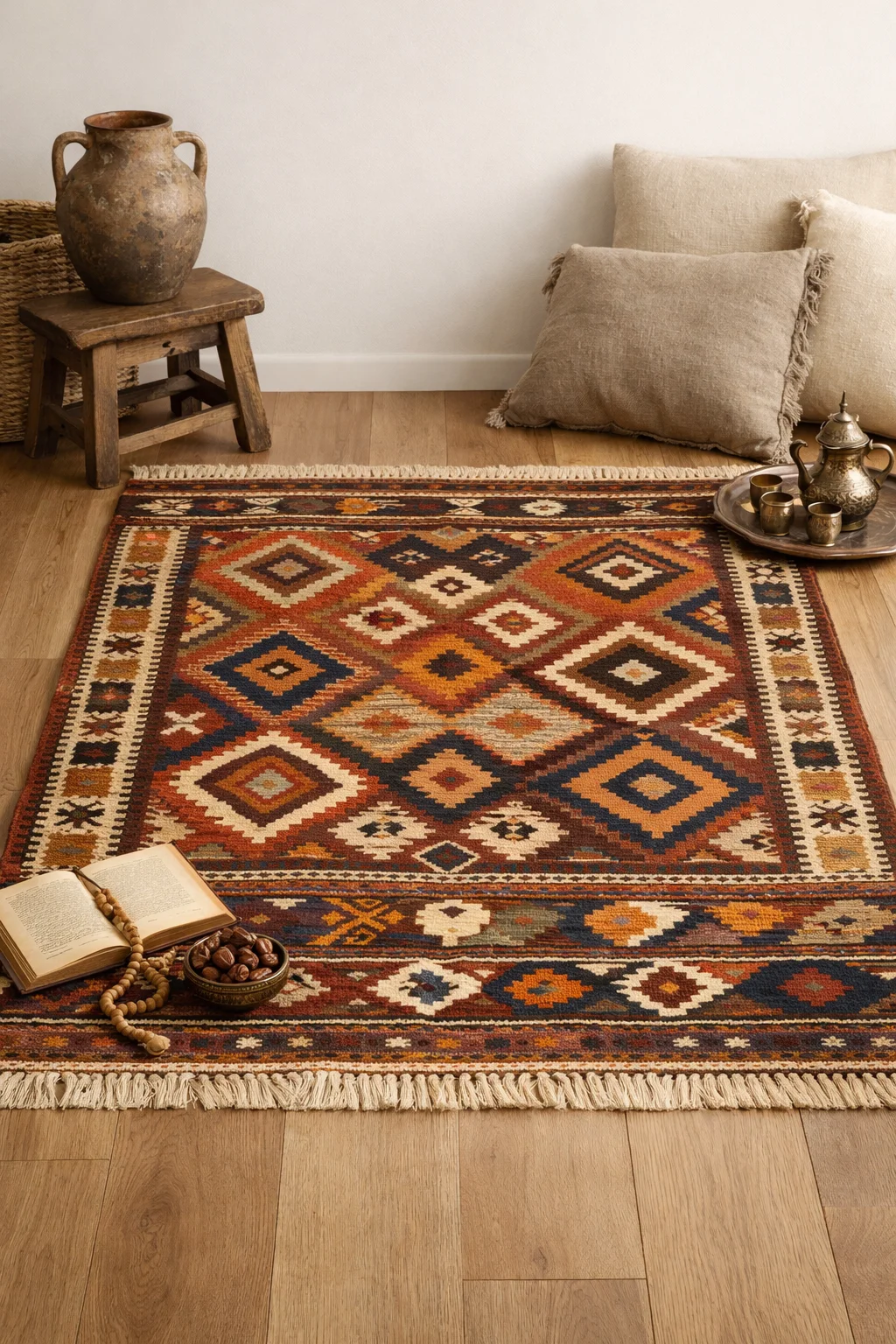 Vintage kilim ile dekore edilmiş sıcak yaşam alanı