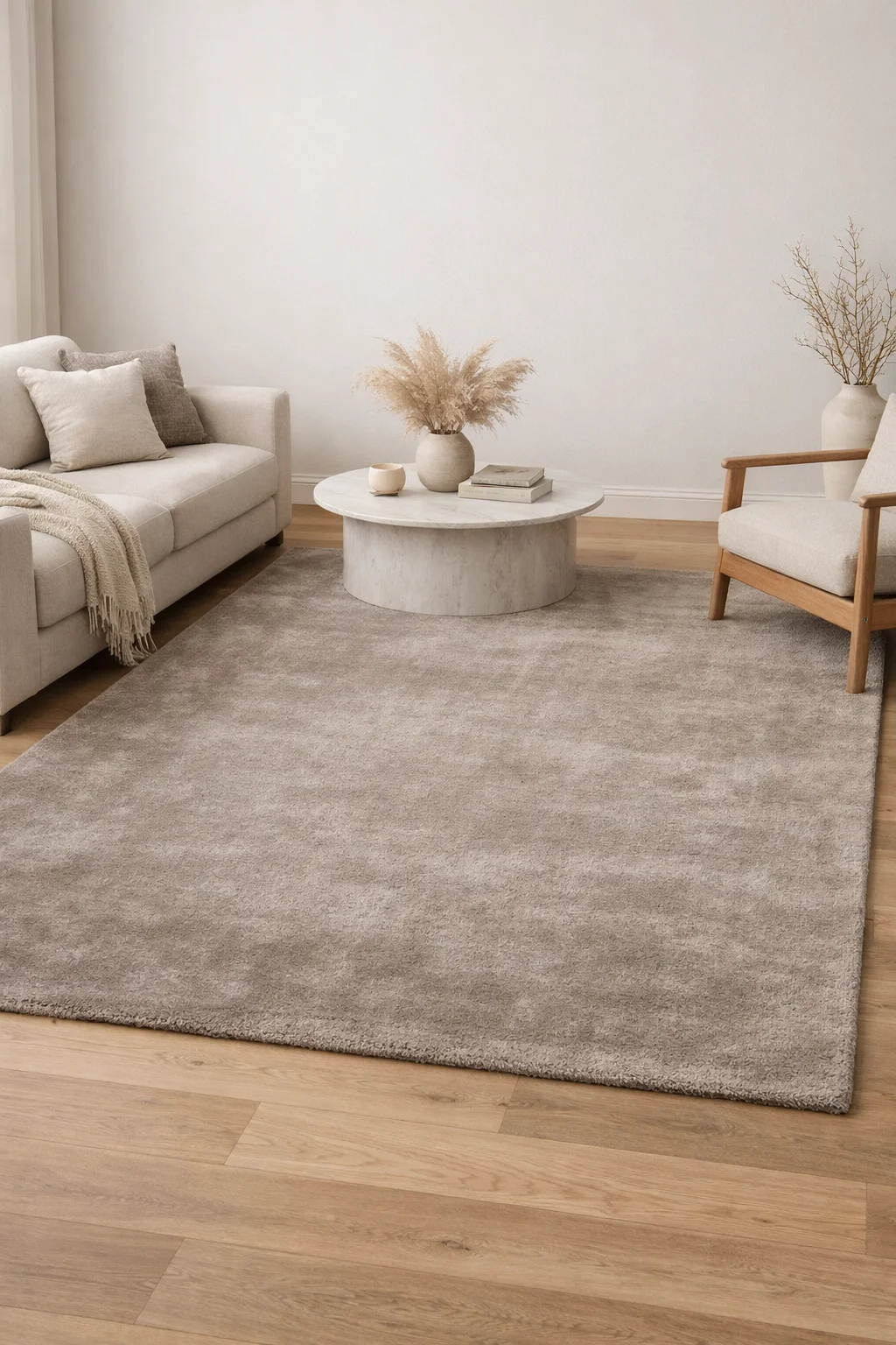 Vizon rengi halı ile sade ve sıcak salon dekorasyonu