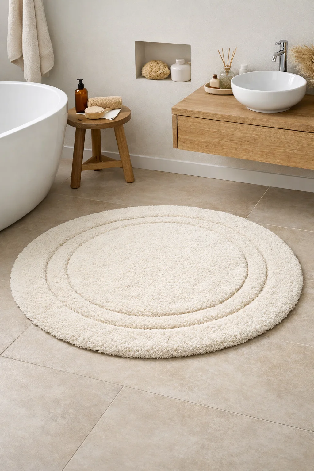 Yuvarlak banyo halıları ile şık banyo zemini