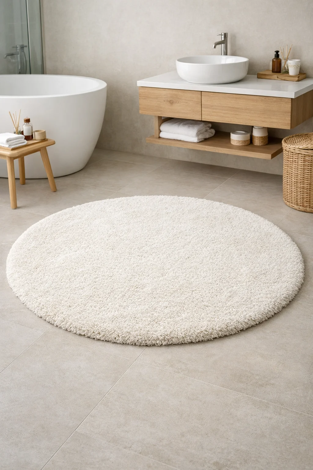 Yuvarlak banyo halısı 120x120 modelinin banyo zeminindeki görünümü