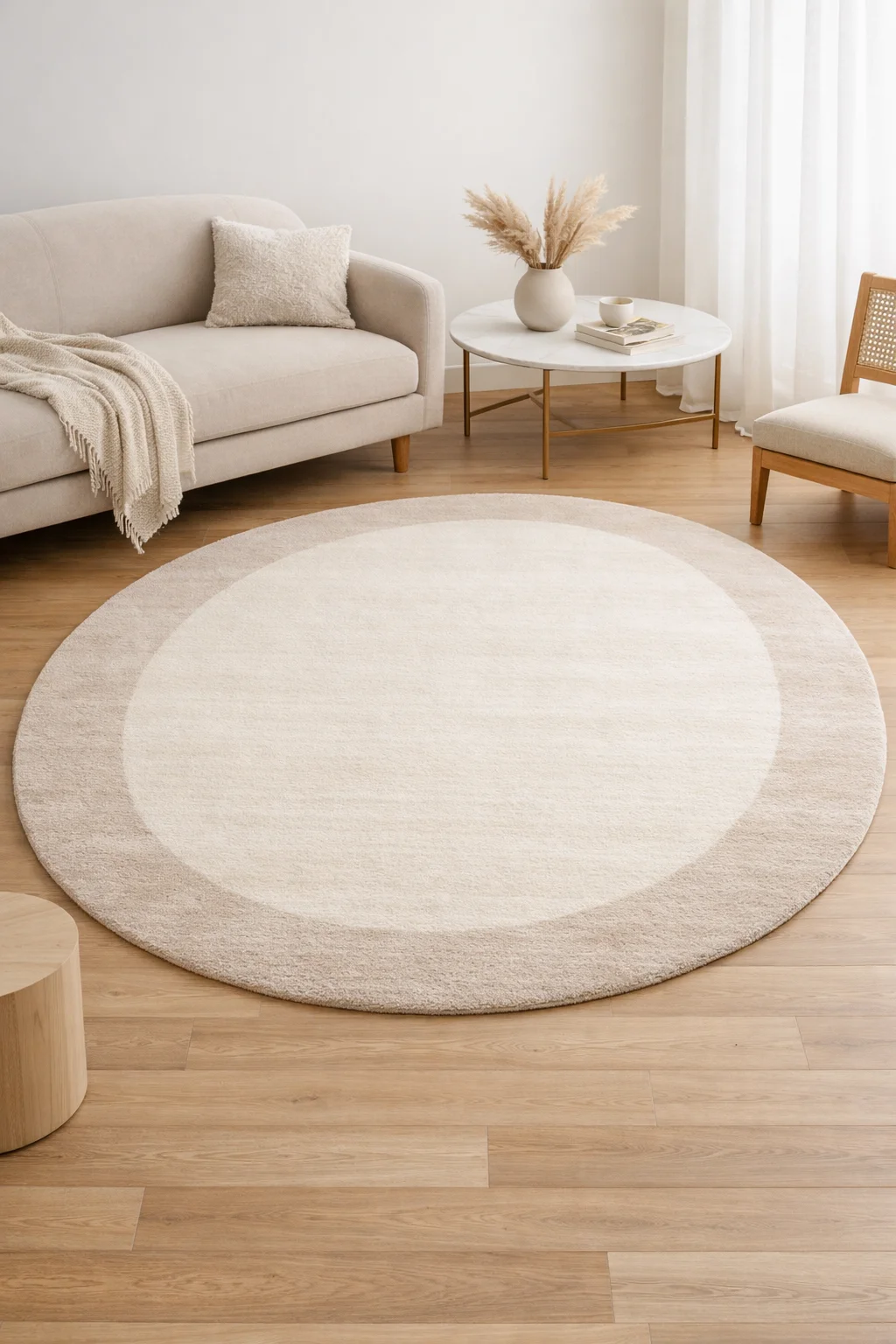 Yuvarlak oval halı ile düzenlenmiş modern yaşam alanı