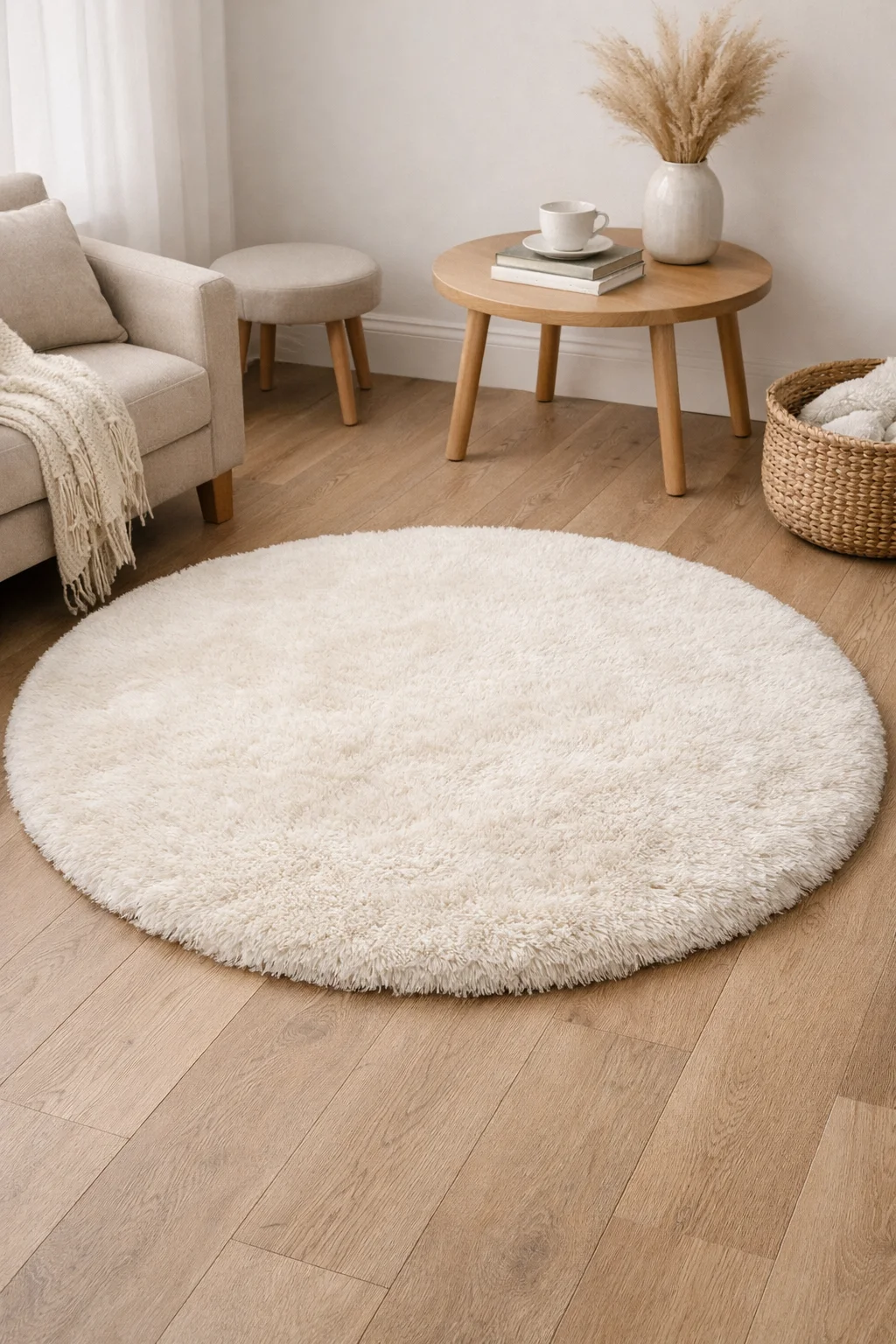 Yuvarlak peluş halı ile yumuşak dekorasyon alanı